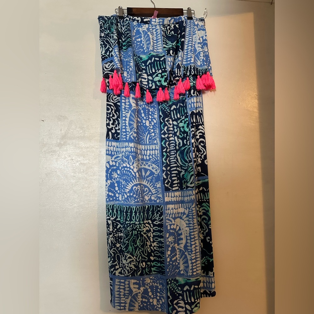 Lilly Pulitzer Blue Patterned Maxi Dress with Hot Pink Tassels - Picture 4 of 6